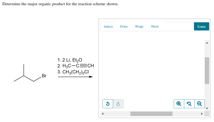 Determine major organic reaction scheme draw following starting if transcribed text show material